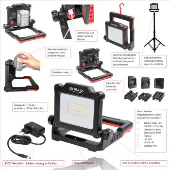 Enilux Mobil PRO 18V inkl. Adapter für METABO 18V, DeWalt DCB18, Milwaukee M18, BOSCH GBA 18V, WÜRTH LI-CV-18V, Festool, Hilti 22V, Makita BL